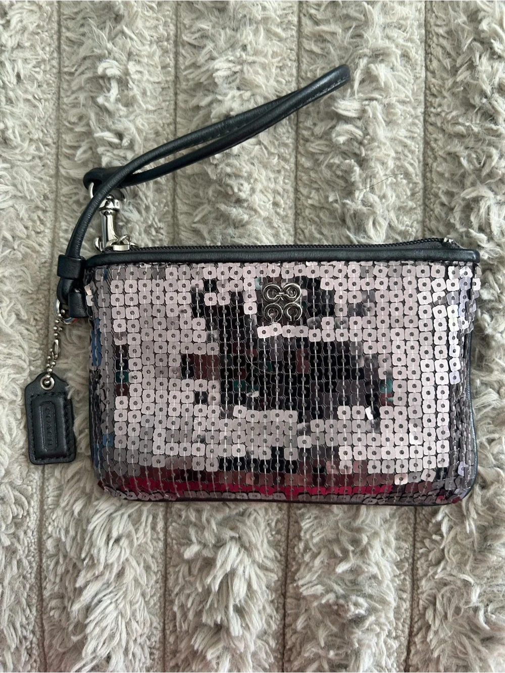 Coach Sequin Wristlet in Silver and Black